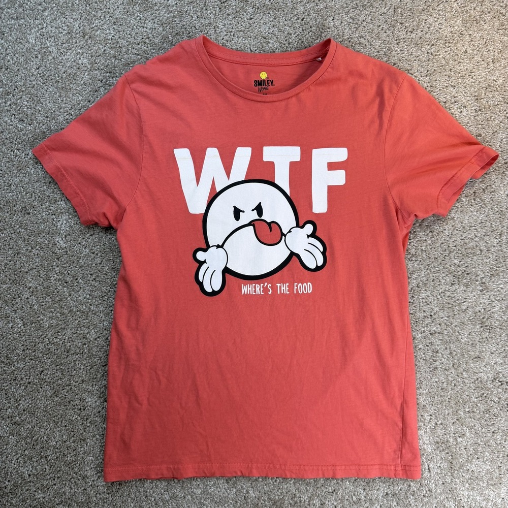 Smiley World Shirt Mens Medium Red WTF Where's The Food Tee T-Shirt Funny